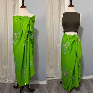 Green Floral Sarong Wrap Cover Up Swimsuit Beach Poolside Pareo Scarf 46x62 in